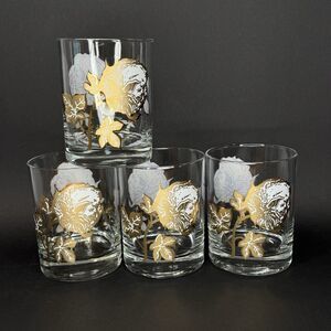 4 Mid Century Culver Gold Cotton Boll Lowball Glasses Whiskey MCM Bar Set RARE